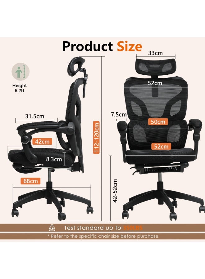 TDOO Ergonomic Office Chair,350lbs Heavy Duty Chair with Adjustable Lumbar Support & Headrest, Breathable Mesh, 90-135° Recline Lock, Footrest, Buttock-Care Cushion, Computer/Gaming Chair for Home/Office - Image 4