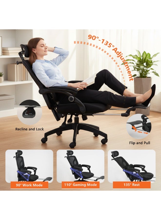 TDOO Ergonomic Office Chair,350lbs Heavy Duty Chair with Adjustable Lumbar Support & Headrest, Breathable Mesh, 90-135° Recline Lock, Footrest, Buttock-Care Cushion, Computer/Gaming Chair for Home/Office - Image 1
