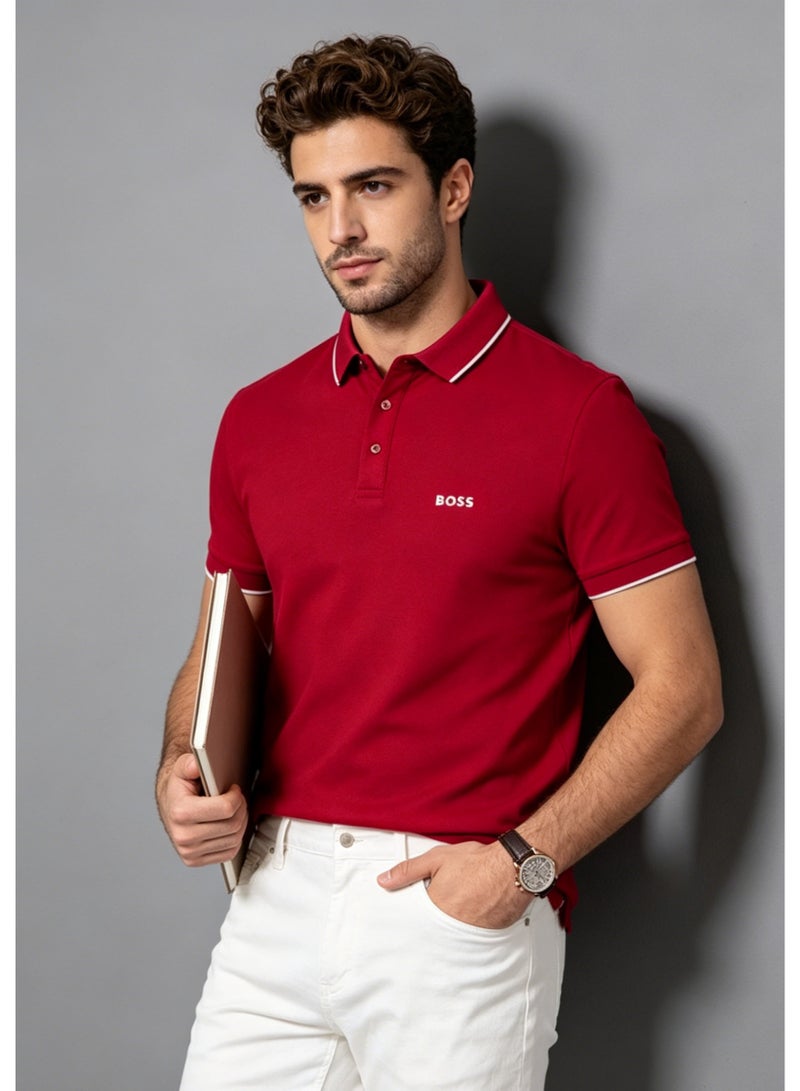 BOSS Men's Short Sleeve Contrast Trim Polo Shirt, Bold Casual Regular Fit, Red - Image 1