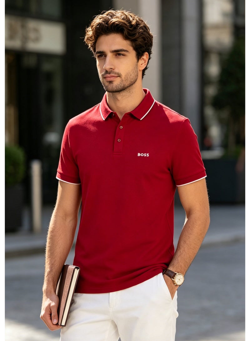 BOSS Men's Short Sleeve Contrast Trim Polo Shirt, Bold Casual Regular Fit, Red - Image 2