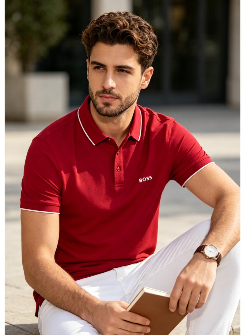 BOSS Men's Short Sleeve Contrast Trim Polo Shirt, Bold Casual Regular Fit, Red - Image 3