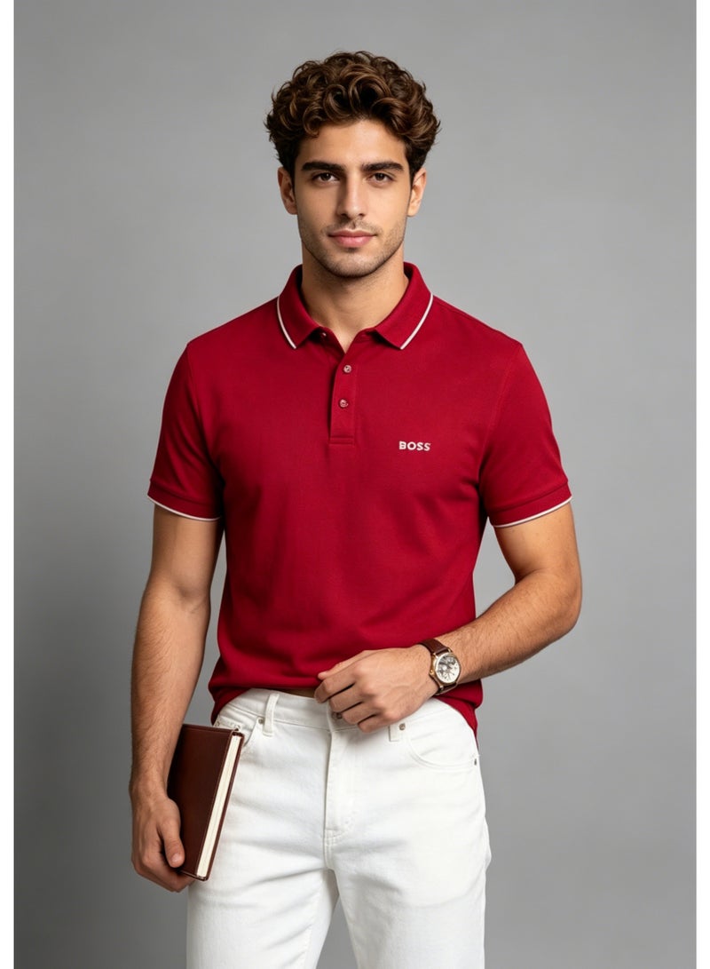 BOSS Men's Short Sleeve Contrast Trim Polo Shirt, Bold Casual Regular Fit, Red - Image 5