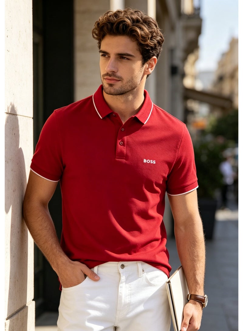 BOSS Men's Short Sleeve Contrast Trim Polo Shirt, Bold Casual Regular Fit, Red - Image 4