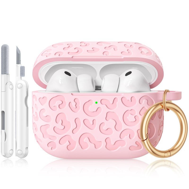 Wowwat for AirPods Pro 3 Case Cover 2025, Leopard Engraved Silicone Protective Shell Compatible with Apple Air Pod Pro 3 Generation Case for Women Girly,Cute iPod Pro 3 Case with Keychain- Pink - Image 1