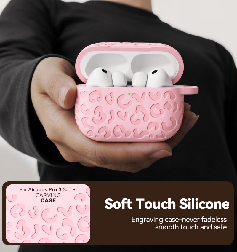 Wowwat for AirPods Pro 3 Case Cover 2025, Leopard Engraved Silicone Protective Shell Compatible with Apple Air Pod Pro 3 Generation Case for Women Girly,Cute iPod Pro 3 Case with Keychain- Pink - Image 4