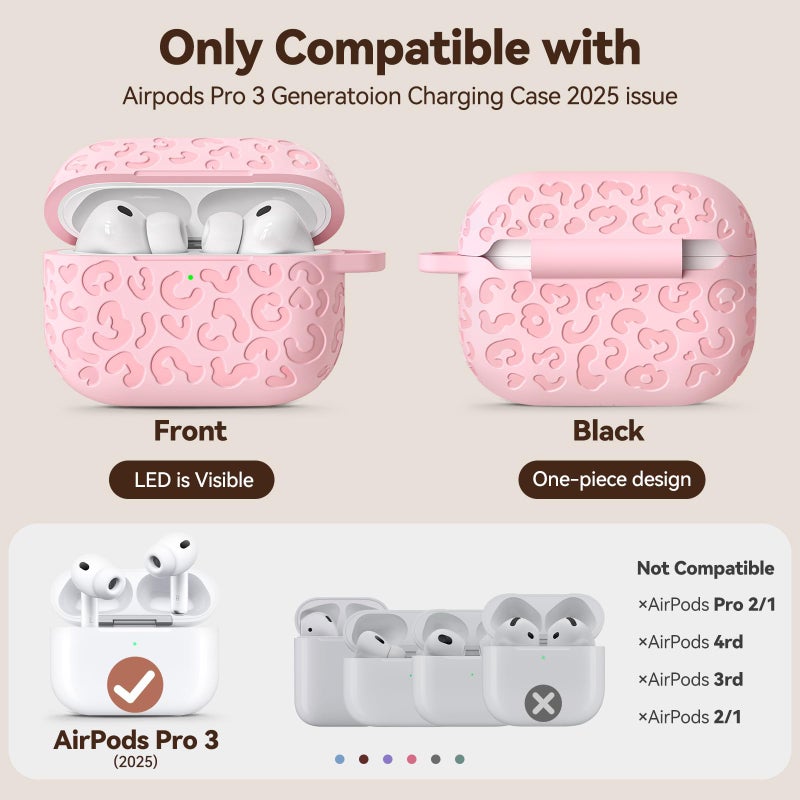 Wowwat for AirPods Pro 3 Case Cover 2025, Leopard Engraved Silicone Protective Shell Compatible with Apple Air Pod Pro 3 Generation Case for Women Girly,Cute iPod Pro 3 Case with Keychain- Pink - Image 2