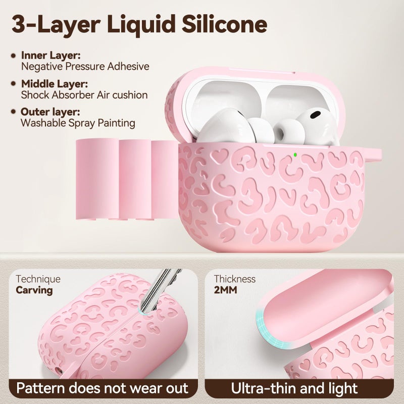 Wowwat for AirPods Pro 3 Case Cover 2025, Leopard Engraved Silicone Protective Shell Compatible with Apple Air Pod Pro 3 Generation Case for Women Girly,Cute iPod Pro 3 Case with Keychain- Pink - Image 3