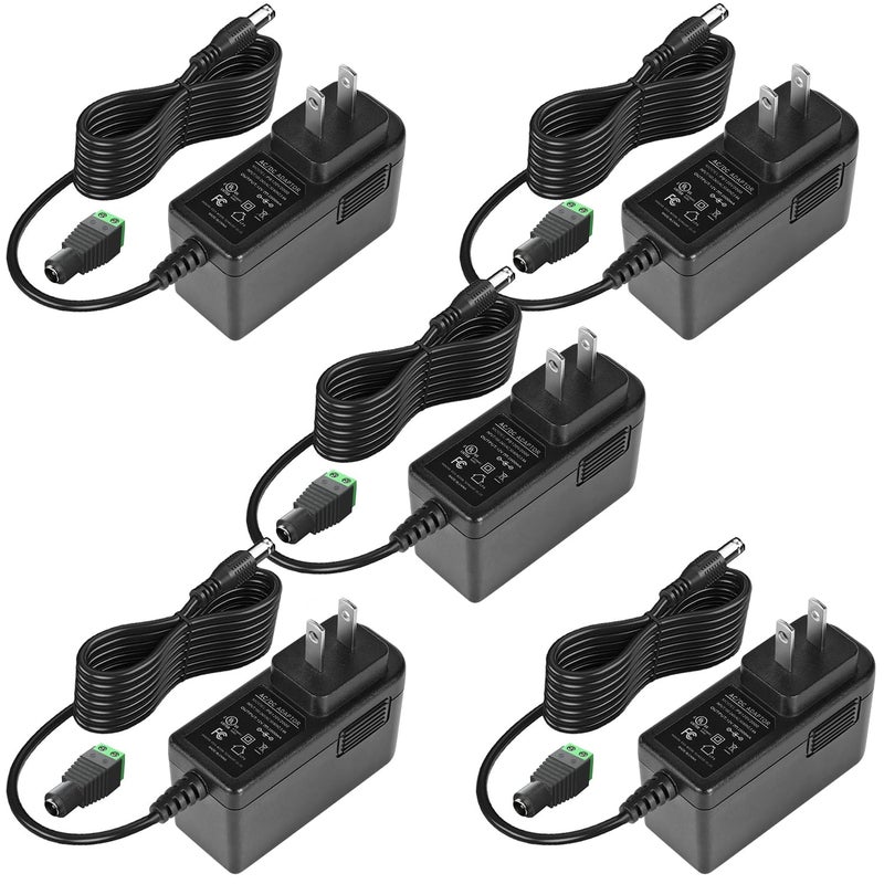 Wefomey 12V 2A Power Supply Adapter, UL-Listed, 120V AC to 12V DC Adapter Transformer, 12 Volt 2 Amp 24W Wall Charger for LED Strip Lights, Security Camera, 5.5x2.1mm US Plug (5 Pack) - Image 1