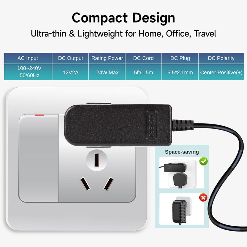 Wefomey 12V 2A Power Supply Adapter, UL-Listed, 120V AC to 12V DC Adapter Transformer, 12 Volt 2 Amp 24W Wall Charger for LED Strip Lights, Security Camera, 5.5x2.1mm US Plug (5 Pack) - Image 4