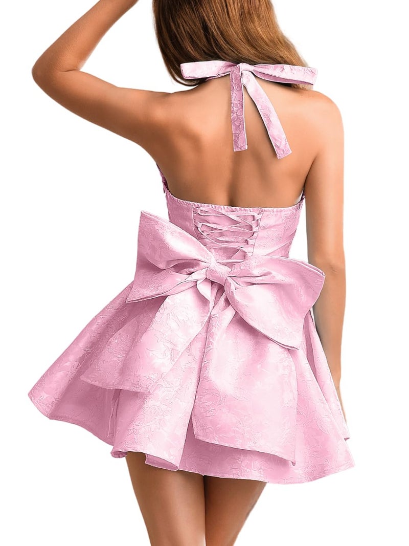 ShawGobow Jacquard Corset Dress,Deep V Halter Mini Dresses with Bow Back,Sexy Birthday Outfits Women Homecoming Prom Formal Pink Medium - Image 1