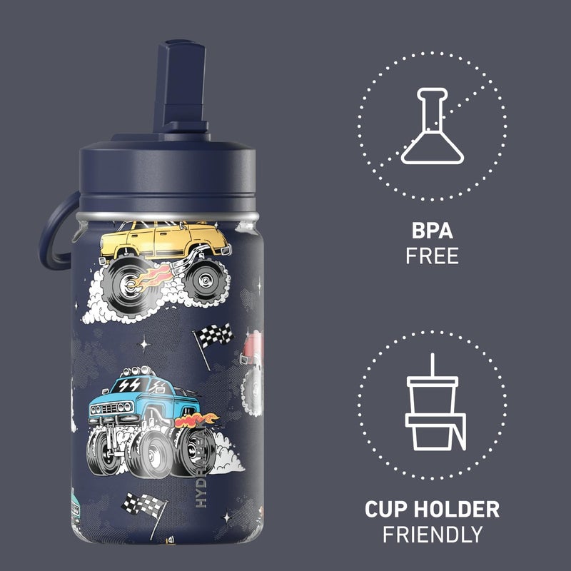 Hydrapeak Mini 14oz Fun Sticker Print Water Bottle with Straw Lid, Stainless Steel Double Wall Insulated Water Bottle, Leak-Proof and Spill-Proof Water Bottle, Monster Truck-Navy - Image 2