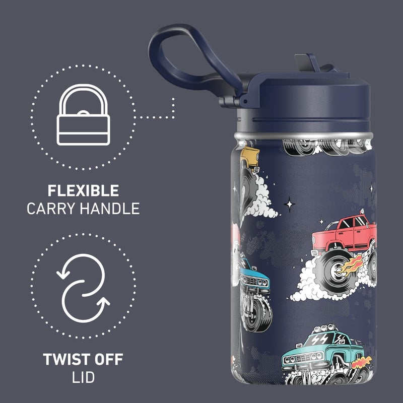 Hydrapeak Mini 14oz Fun Sticker Print Water Bottle with Straw Lid, Stainless Steel Double Wall Insulated Water Bottle, Leak-Proof and Spill-Proof Water Bottle, Monster Truck-Navy - Image 4