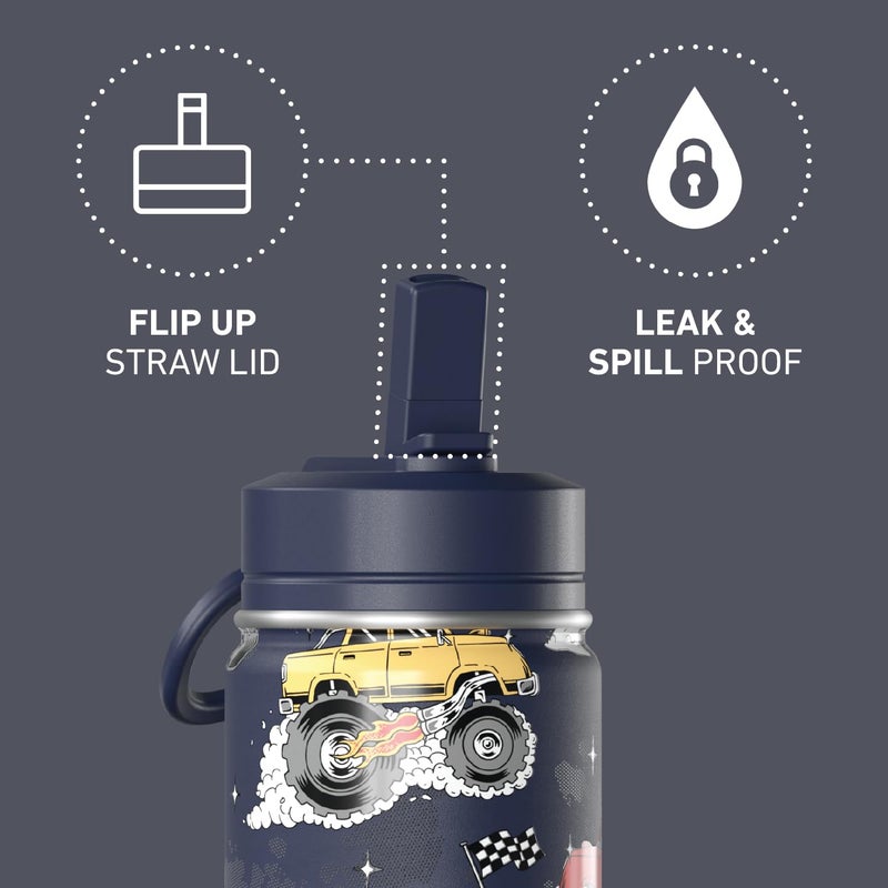 Hydrapeak Mini 14oz Fun Sticker Print Water Bottle with Straw Lid, Stainless Steel Double Wall Insulated Water Bottle, Leak-Proof and Spill-Proof Water Bottle, Monster Truck-Navy - Image 3