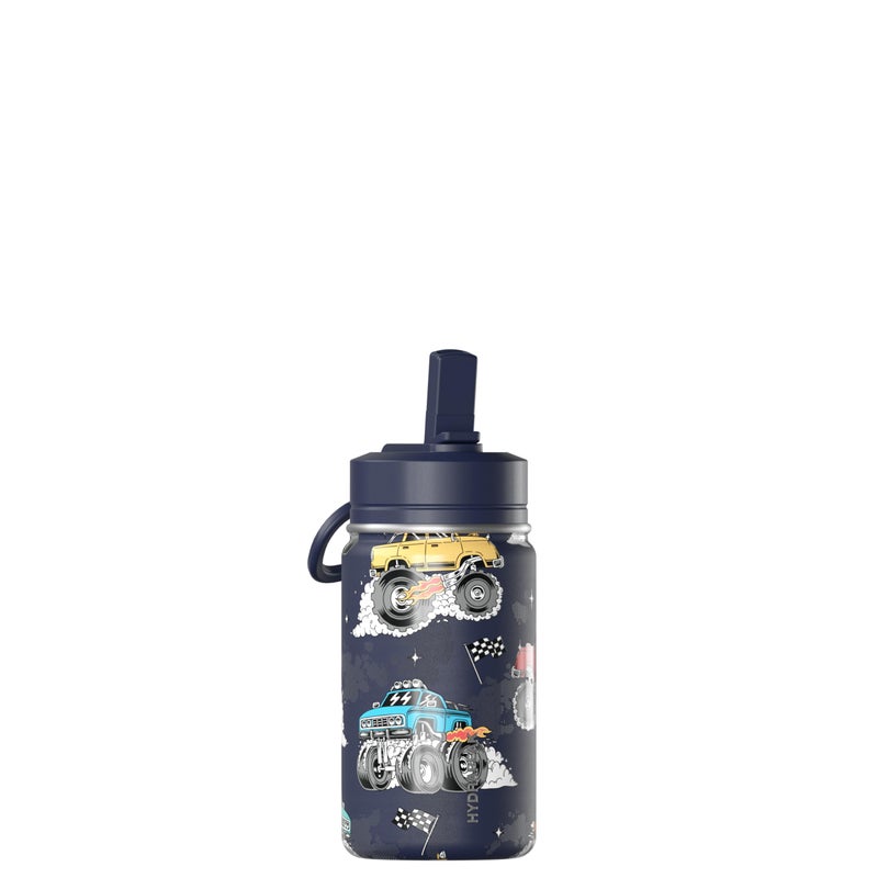 Hydrapeak Mini 14oz Fun Sticker Print Water Bottle with Straw Lid, Stainless Steel Double Wall Insulated Water Bottle, Leak-Proof and Spill-Proof Water Bottle, Monster Truck-Navy - Image 1