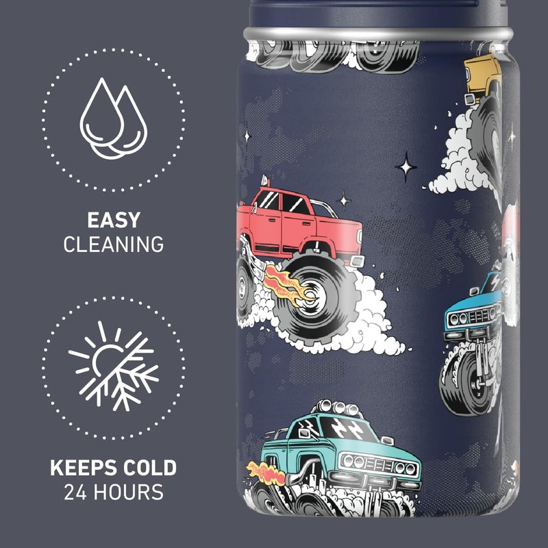 Hydrapeak Mini 14oz Fun Sticker Print Water Bottle with Straw Lid, Stainless Steel Double Wall Insulated Water Bottle, Leak-Proof and Spill-Proof Water Bottle, Monster Truck-Navy - Image 5