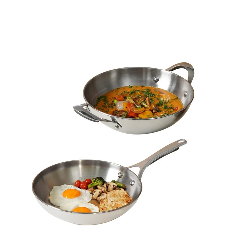 MEYER Meyer Select Nickel Free Stainless Steel 26cm Frypan + 26cm Kadhai/Wok 3-Piece Cookware Set With Interchangeable Lid (Induction & Gas Compatible), Silver  - Image 1