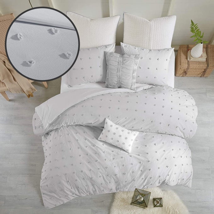 MATCHING SHAMS DECORATIVE PILLOWS COTTON COMFORTER SETJACQUARD TUFTS POMPOM DESIGN ALL SEASON BEDDING KINGCALIFORNIA KING 104 IN X 92 IN GREY 7 PIECE