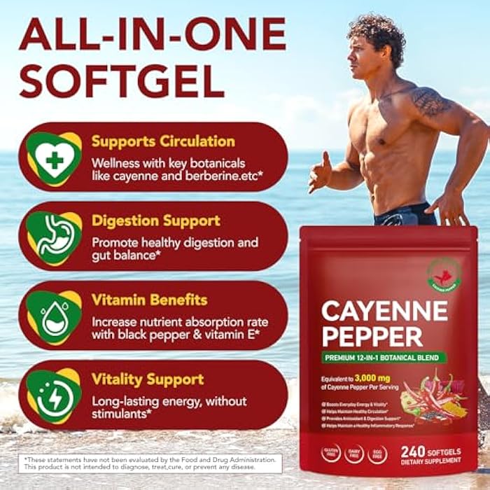 Cayenne Pepper Softgels - 240 Count for Circulation & Wellness | with Grape Seed, Hawthorn, Beetroot, Berberine Extract & Vitamins E, D3 + K2 - Image 4