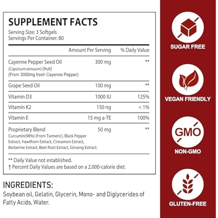 Cayenne Pepper Softgels - 240 Count for Circulation & Wellness | with Grape Seed, Hawthorn, Beetroot, Berberine Extract & Vitamins E, D3 + K2 - Image 2