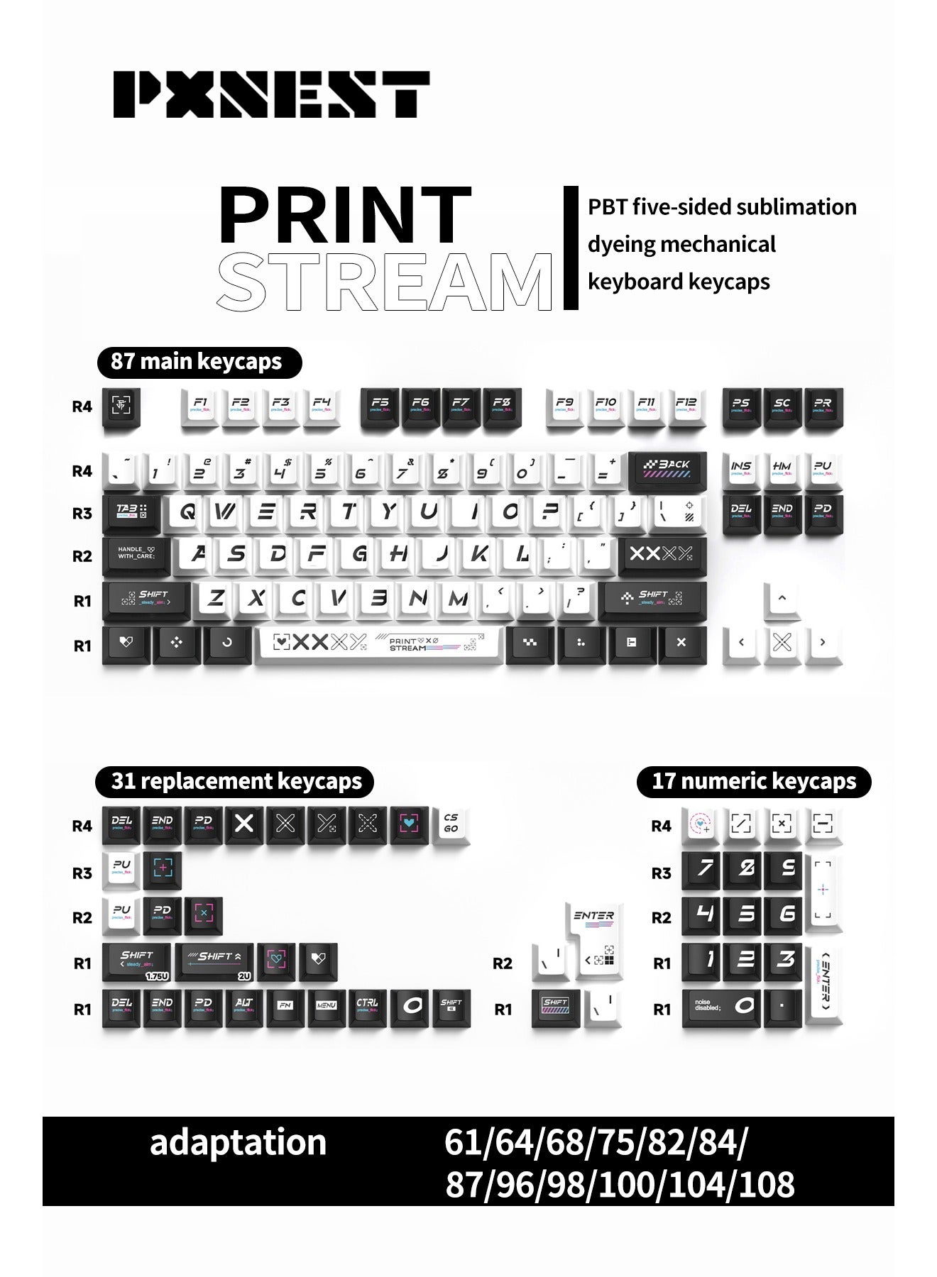 Mechanical keyboard PBT keycaps, CS GO PRINTSTREAM, 135-key custom PBT gaming keycaps, original height, suitable for Cherry MX switches 61 64 68 84 87104 108 mechanical keyboard