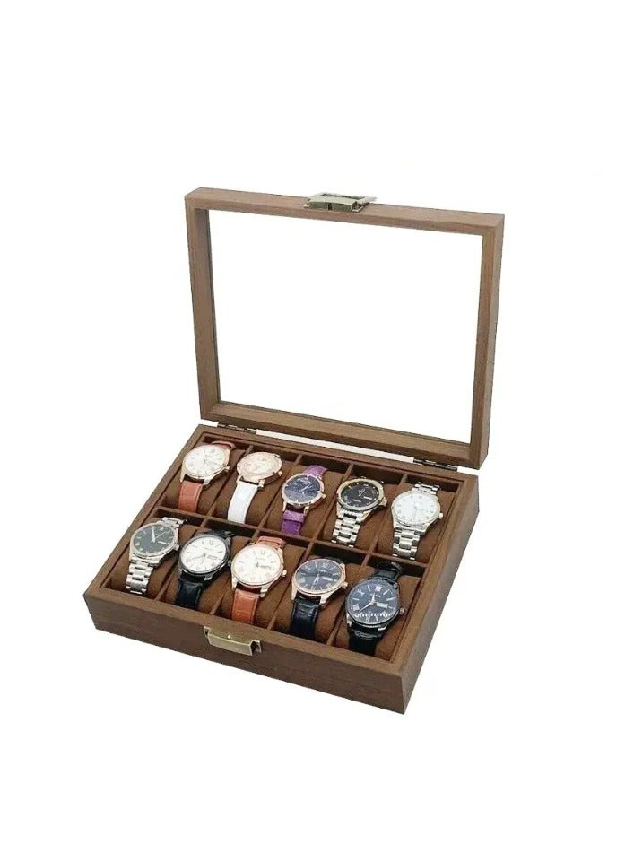Wooden Watch Organizer Box 10 Slot With Glass Cover-Brown Velvet Inside - Image 1