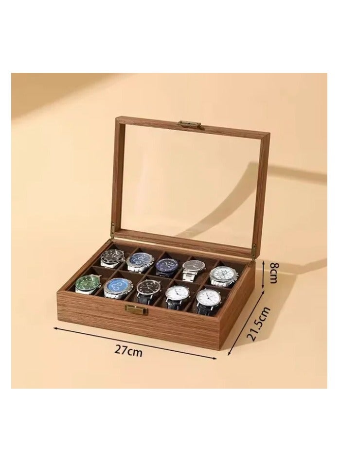 Wooden Watch Organizer Box 10 Slot With Glass Cover-Brown Velvet Inside - Image 2