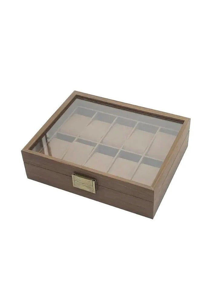 Wooden Watch Organizer Box 10 Slot With Glass Cover-Brown Velvet Inside - Image 3