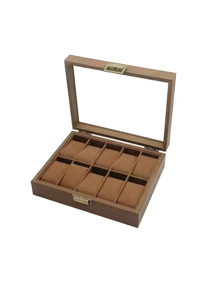Wooden Watch Organizer Box 10 Slot With Glass Cover-Brown Velvet Inside - Image 4