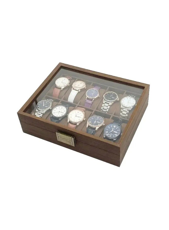 Wooden Watch Organizer Box 10 Slot With Glass Cover-Brown Velvet Inside - Image 5