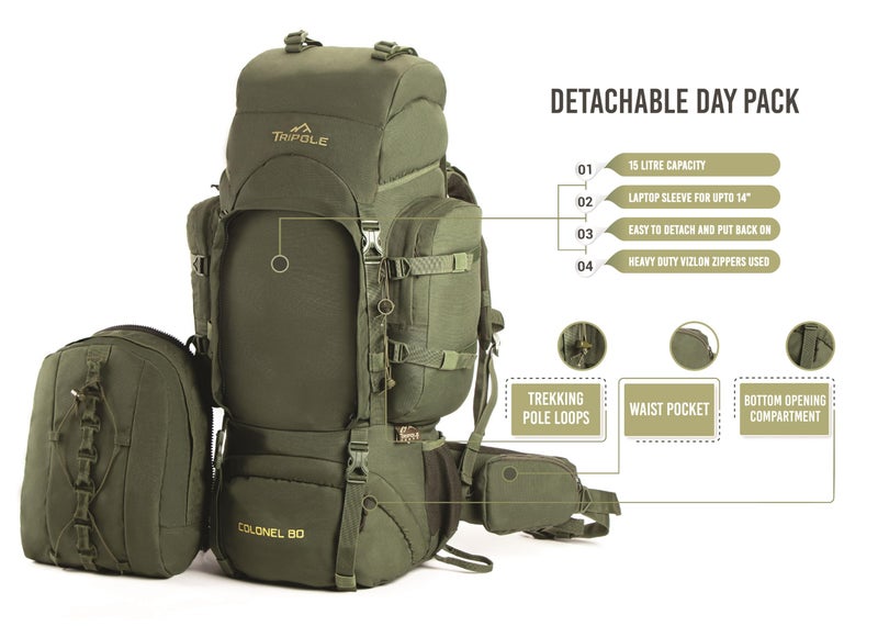 Tripole Colonel 95 Litres Internal Frame Rucksack + Detachable Day Pack, Rain Cover, Army Green - Image 3