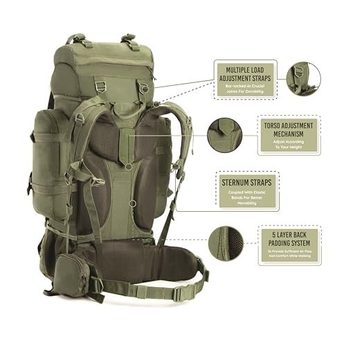 Tripole Colonel 95 Litres Internal Frame Rucksack + Detachable Day Pack, Rain Cover, Army Green - Image 2