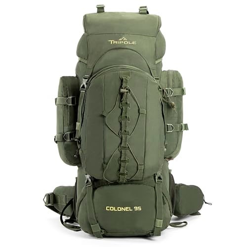 Tripole Colonel 95 Litres Internal Frame Rucksack + Detachable Day Pack, Rain Cover, Army Green - Image 1
