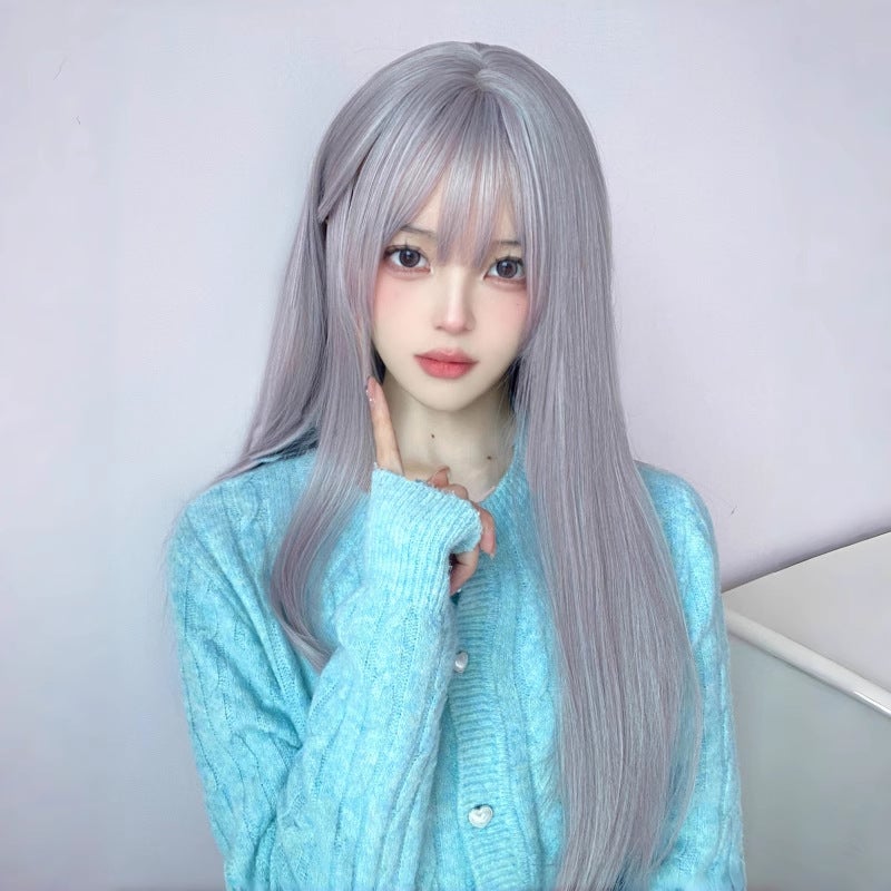 Generic Long Straight Natural Wig with Bangs Grey purple 60cm