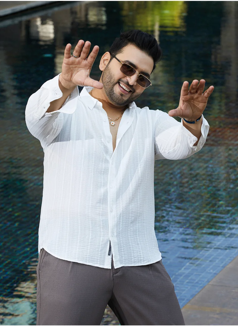 انستافاب بلس Instafab Plus Men's Daisy White Trough-Tactile Shirt For Casual Wear | Spread Collar | Long Cuffed Sleeves | Button Closure | Plus Size Shirt Crafted With Comfort Fit For Everyday Wear