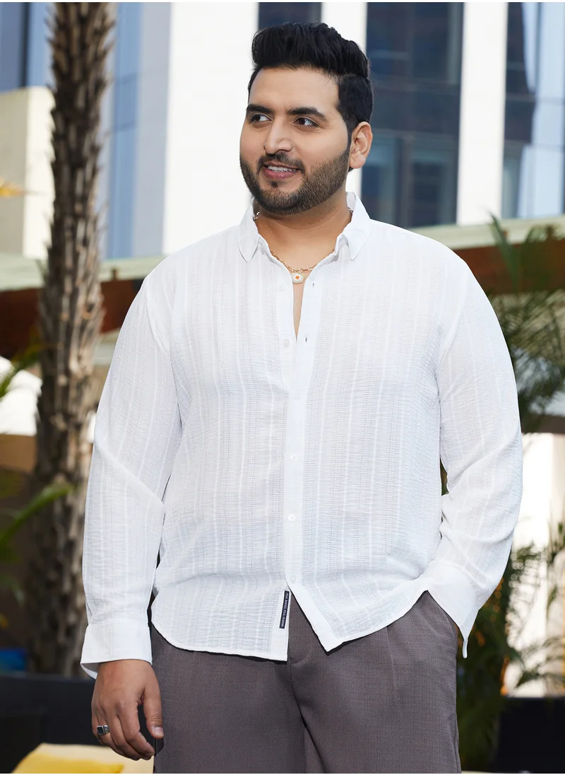 انستافاب بلس Instafab Plus Men's Daisy White Trough-Tactile Shirt For Casual Wear | Spread Collar | Long Cuffed Sleeves | Button Closure | Plus Size Shirt Crafted With Comfort Fit For Everyday Wear