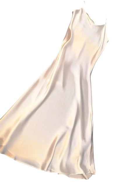 فستان نسائي من الساتان بدون أكمام بفتحة رقبة على شكل حرف V، لون بيج، قصة فضفاضة، مقاس L