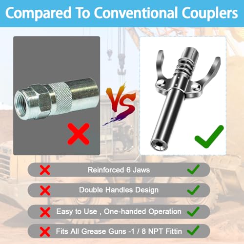 STHIRA® Grease Gun Coupler, 6 Jaws Metal Dual Handle Grease Coupler Secure Locking Zerk Fittings Coupler 10000 PSI Quick Release Metal Grease Gun Coupler for All Grease Gun 1/8" NPT Grease Gun Fitting - Image 4