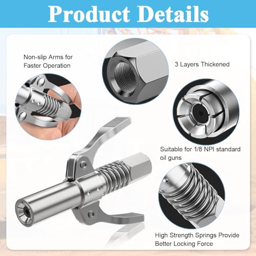 STHIRA® Grease Gun Coupler, 6 Jaws Metal Dual Handle Grease Coupler Secure Locking Zerk Fittings Coupler 10000 PSI Quick Release Metal Grease Gun Coupler for All Grease Gun 1/8" NPT Grease Gun Fitting - Image 3
