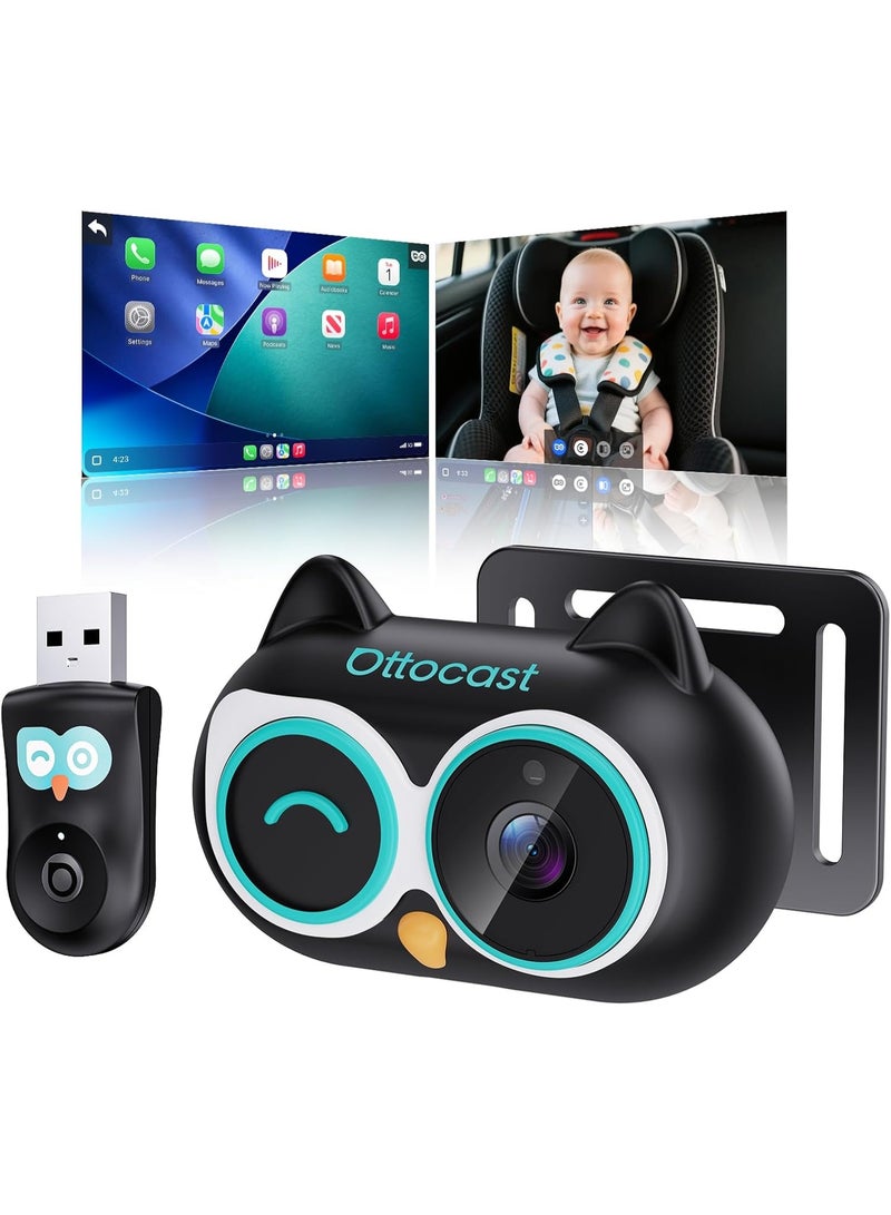 Ottocast Cabin Care 2026 Wireless CarPlay Adapter with 1080P HD Rear Seat Baby Monitor Camera – 150° Wide Angle, Night Vision, Plug & Play USB-A, OEM Screen Display, Compatible with Factory Wired CarPlay Cars, Infants, Kids & Pets - Image 1