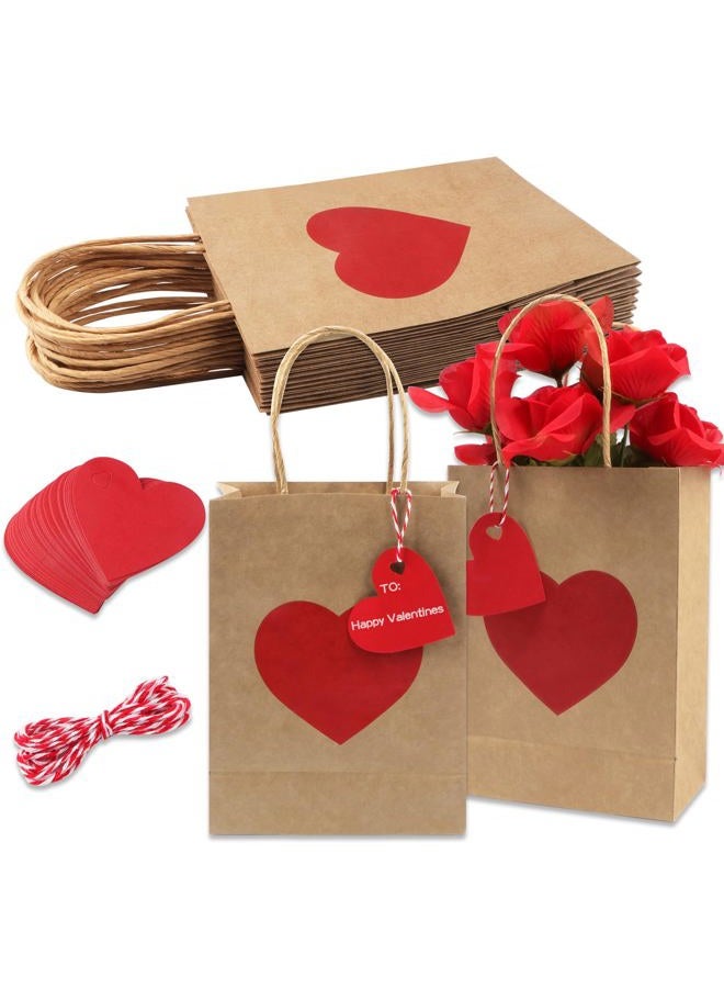 Jangostor 12 Pack Valentines Day Gift Bags with Tags Valentines Kraft Paper Bags Valentines Candy Bags with Handles Heart Love Party Favor Bags for Valentine's Day Wedding Anniversary Birthday Party - Image 1
