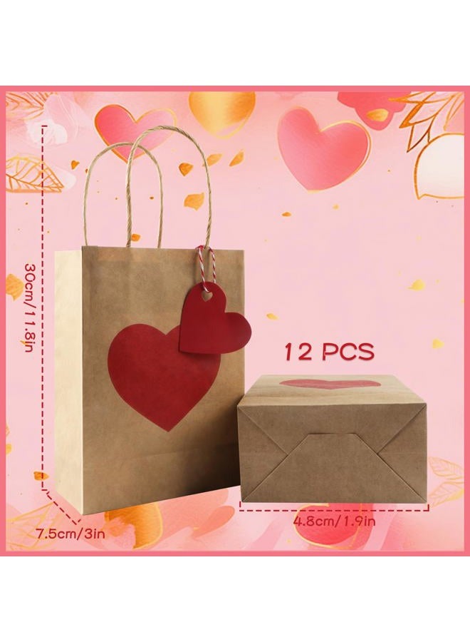 Jangostor 12 Pack Valentines Day Gift Bags with Tags Valentines Kraft Paper Bags Valentines Candy Bags with Handles Heart Love Party Favor Bags for Valentine's Day Wedding Anniversary Birthday Party - Image 2