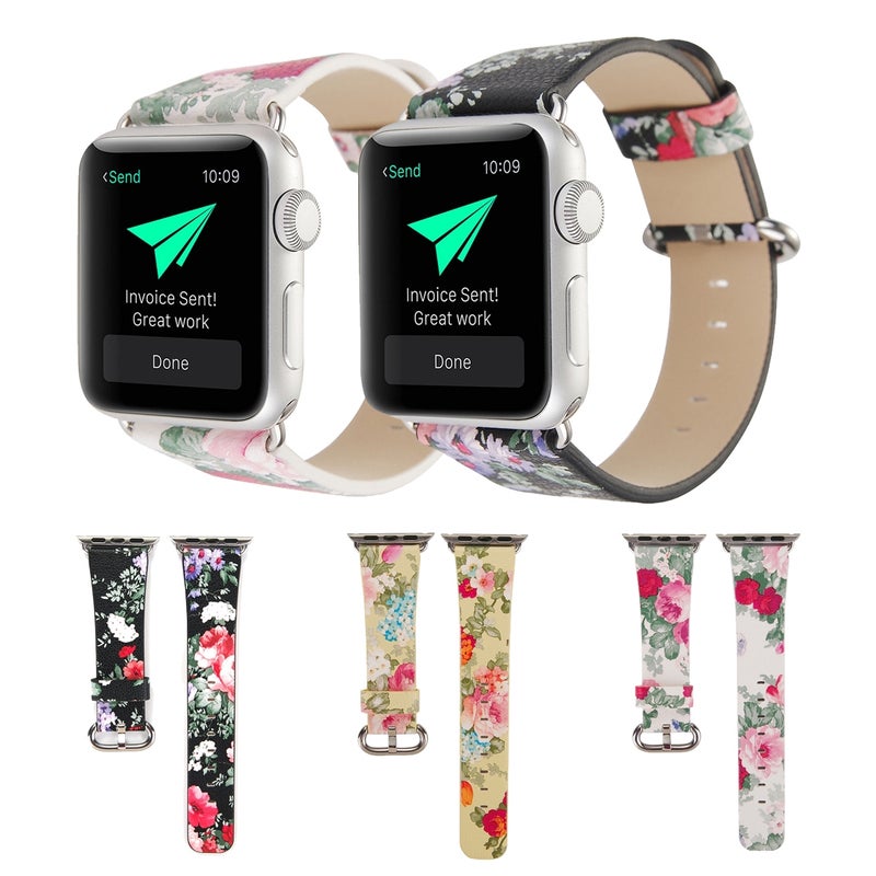 For Apple Watch Series 3 & 2 & 1 42mm New Style Chinese Ink Floral Pattern Genuine Leather Wrist Watch Band(White)