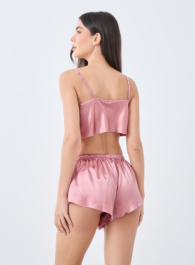 طقم كامي وشورت ساتان ستايلي سوليد