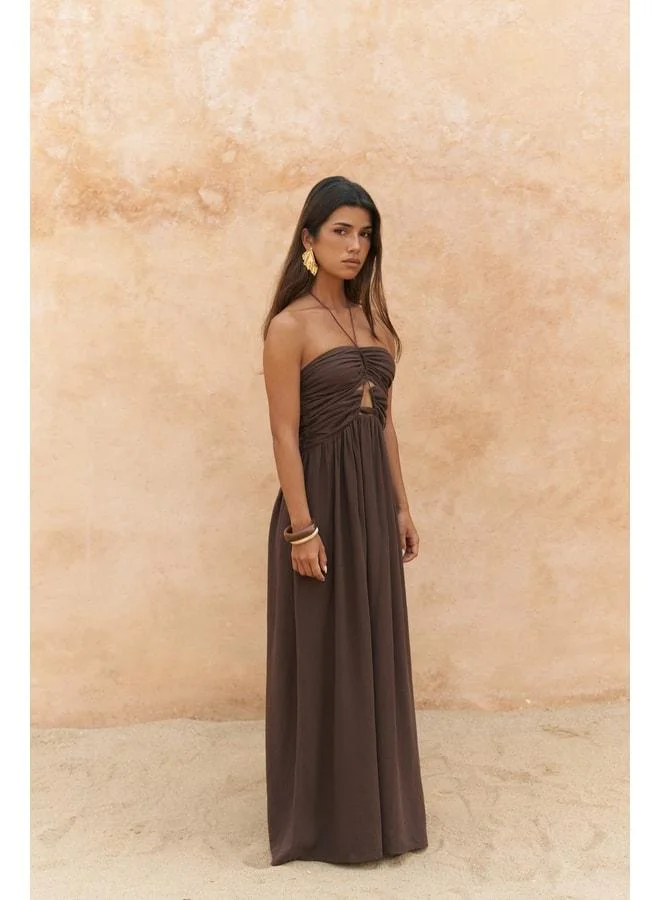 Bohemai  Burnika Bead Detail Coffee Linen Dress. for Women | Best Price UAE