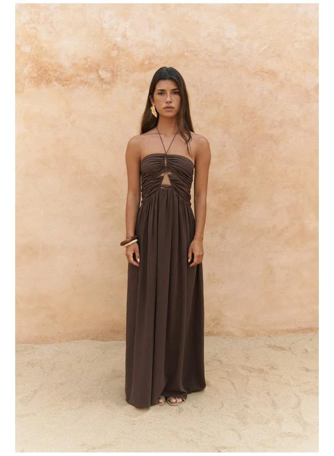 Bohemai  Burnika Bead Detail Coffee Linen Dress. for Women | Best Price UAE