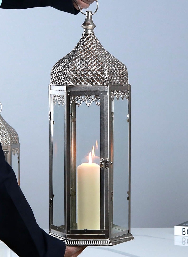AL Hadaya Mall Classic Hanging Ramadan Lantern – Silver Metal Candle Lantern – 63×22 cm - Image 2