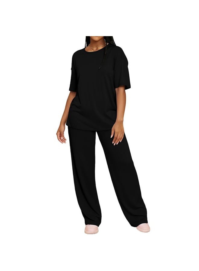 HBQ Women's 2 Piece Outfits Loose Fit Tops Wide Leg Pants Short Sleeve Lounge Matching Sets Sweatsuits With Pockets, Black, L - Image 1