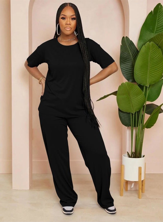 HBQ Women's 2 Piece Outfits Loose Fit Tops Wide Leg Pants Short Sleeve Lounge Matching Sets Sweatsuits With Pockets, Black, L - Image 2