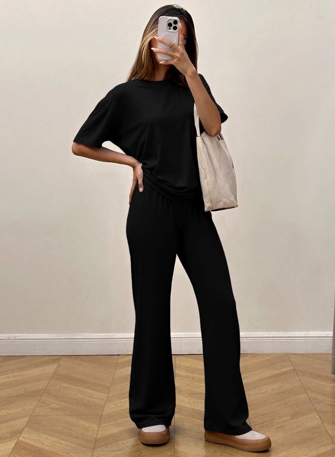 HBQ Women's 2 Piece Outfits Loose Fit Tops Wide Leg Pants Short Sleeve Lounge Matching Sets Sweatsuits With Pockets, Black, L - Image 4