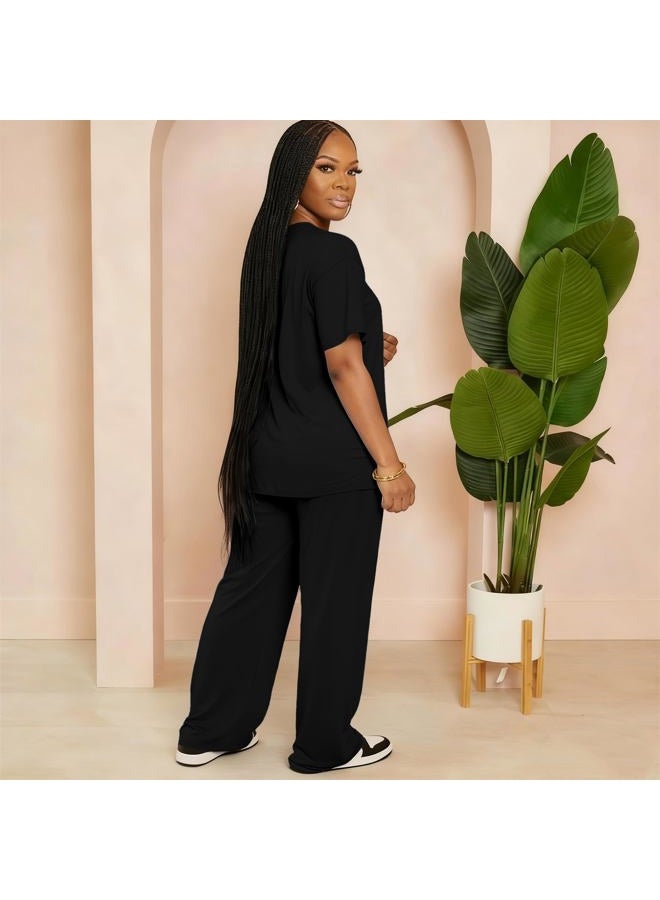 HBQ Women's 2 Piece Outfits Loose Fit Tops Wide Leg Pants Short Sleeve Lounge Matching Sets Sweatsuits With Pockets, Black, L - Image 3